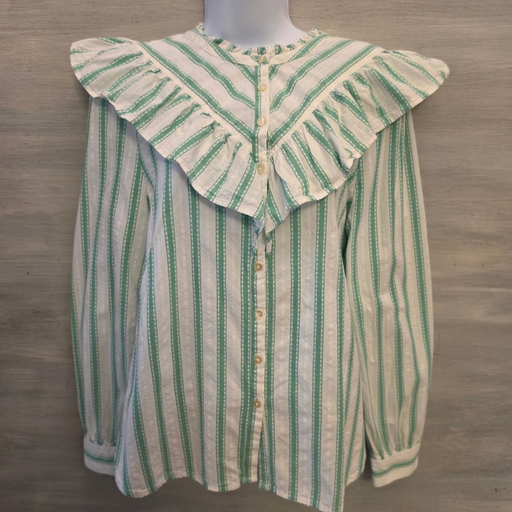 Loft 100% Cotton Dobby Striped Ruffle Front Button Down Shirt Medium‎ GC